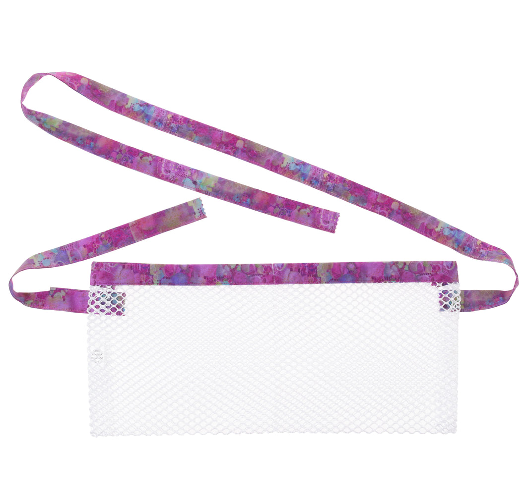 White Mesh Post Surgical Drain Garment with soft cotton Purple Splash trim fits to 3x- Holds 4 to 6 JP Drains or 2 Blake Drains.