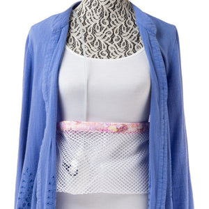 White Mesh Post Surgical Drain Garment with soft cotton Pastel Splash trim fits to 3x- Holds 4 to 6 JP Drains or 2 Blake Drains.